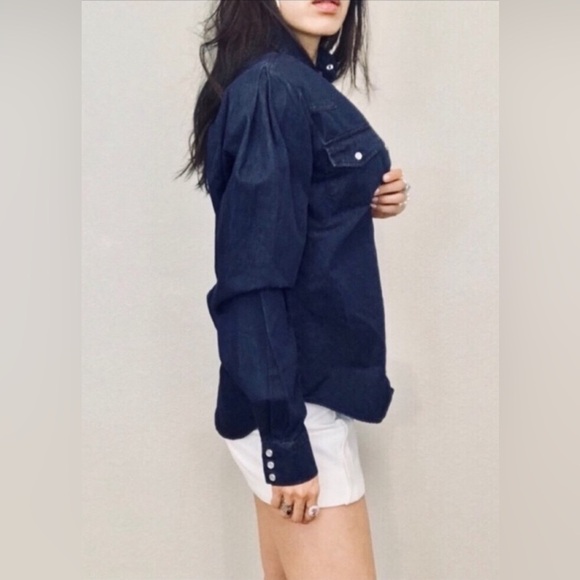 Torn by Ronny Kobo Denim Puff Sleeve Button Down in Dark Wash - Size S - Picture 3 of 8